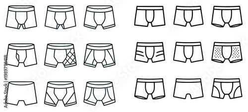Clothing icons with boxer briefs trunks briefs simple outline