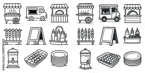 Street food icons with food truck taco cart outline style