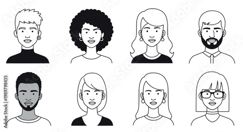 Eight diverse cartoon-style people icons with various hairstyles and facial expressions in a flat lay composition against a clean white background.