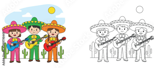 Cute Children Mariachi Band Playing Guitars in Mexican Desert Landscape, Cartoon Vector Illustration with Coloring Page Version for Kids Education and Activity Book