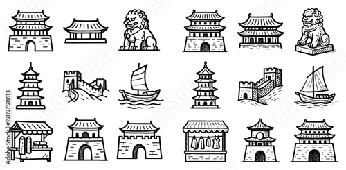 Asian architecture icons with pagoda gate lion hand drawn outline