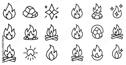 Fire icons with campfire logs and spark stones outline style