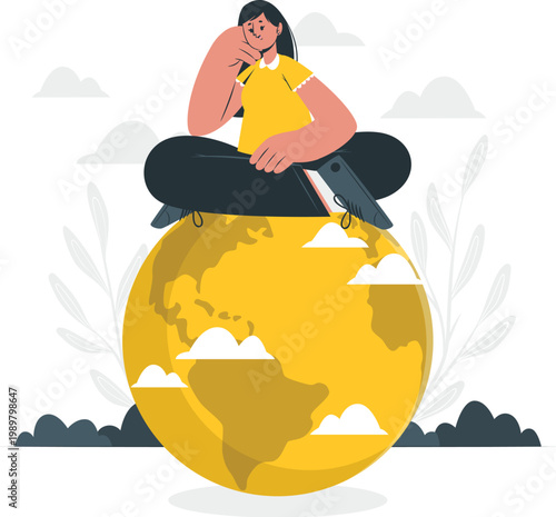 Woman sitting on earth planet, contemplating future and global environment.