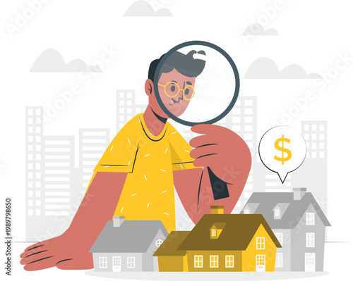 Man with magnifying glass searching for house value and real estate property.