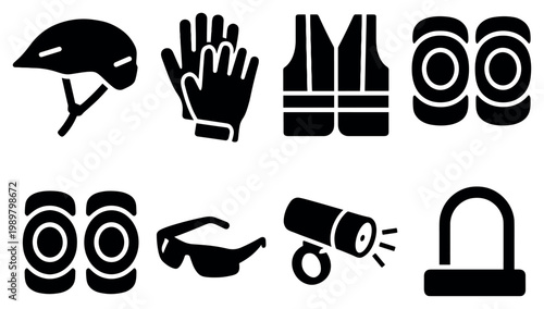 Safety icons with helmet gloves vest solid glyph illustrations