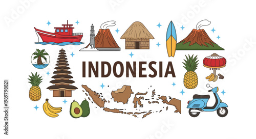 Indonesia features a map surrounded by cultural icons and landmarks of the country