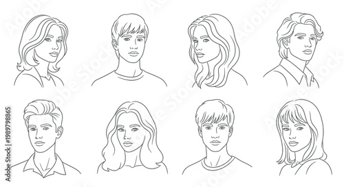 Line art illustration of eight diverse people faces in a two-row grid against a white background.