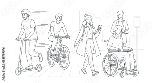 Line drawing illustration of people commuting on various transportation devices in a city setting with a white background.