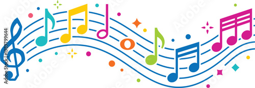 Colorful musical notes on wavy lines with confetti