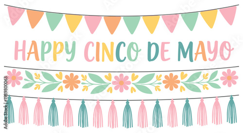 Elegant happy cinco de mayo banner with soft pastel colors featuring floral garlands and decorative tassels on clean background perfect for spring holiday greeting or sophisticated party theme.
