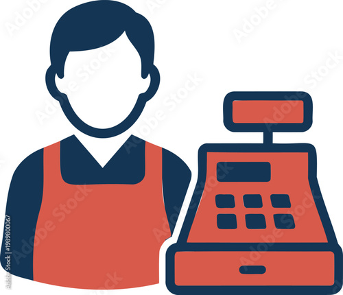 Cashier icon vector illustration of a shop assistant standing behind a cash register, representing retail, customer service, and payment processing