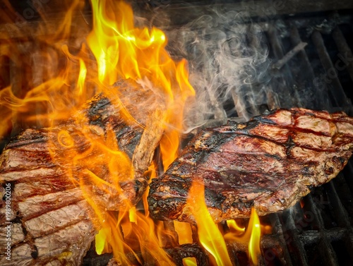 Two sirloin steaks grilling on barbecue with flames and smoke, close up of beef steaks cooking over open fire, juicy meat searing on grill, outdoor BBQ food preparation