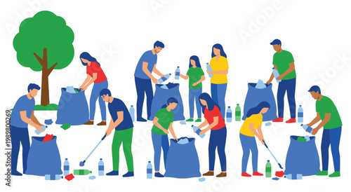 Group of volunteers cleaning park. People collecting trash in bags. Environmental cleanup activity. Outdoor activity. Sustainable living.