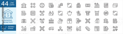 Banking, monetary and bank icon set. Containing icon symbol : bank office, money currency, banker, cash flow, credit, teller, loan, interest, account, exchange, investment, deposit, mortgage, funding.