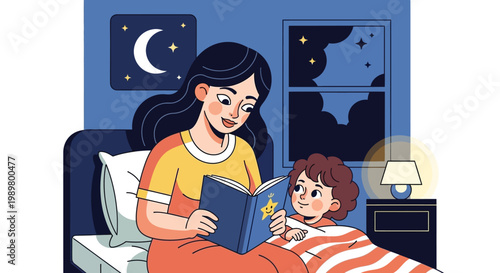 Mother reading bedtime story to young child in bedroom at night