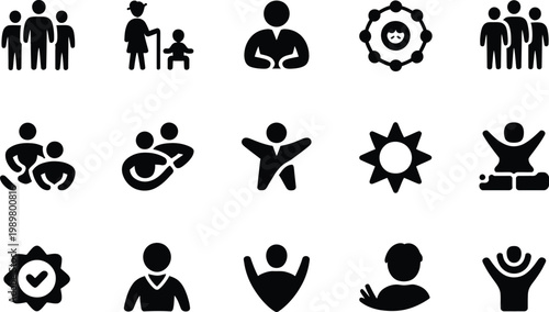 Set of Social Service Icons: Community, Healthcare, Support, and Wellbeing Concepts