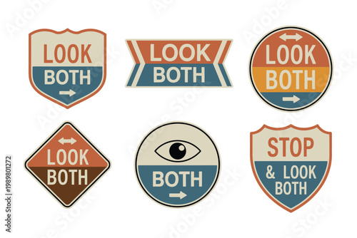 Vintage look both ways labels, road safety crosswalk caution signs with retro badge style and directional arrows, pedestrian awareness traffic warning design