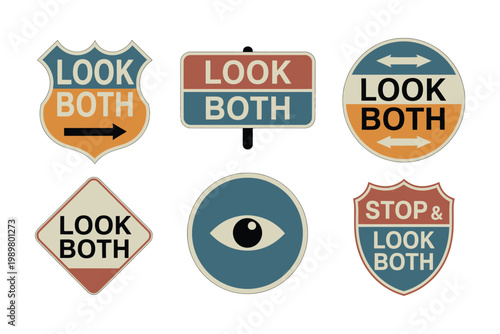 Vintage look both ways labels, road safety crosswalk caution signs with retro badge style and directional arrows, pedestrian awareness traffic warning design