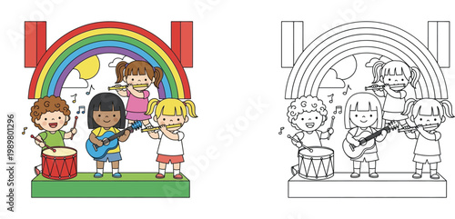 Cute Diverse Kids Music Band Playing Instruments Under Rainbow on Stage, Cartoon Illustration Set with Coloring Page Version for Children Activities and Educational Books