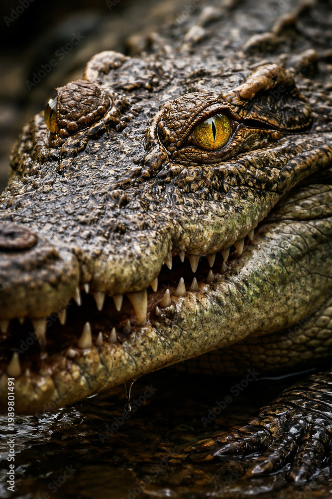 Fototapeta premium Apex Predator Gaze: A close-up view captures the intense stare of a crocodile, showcasing its textured skin, powerful jaws, and sharp teeth.