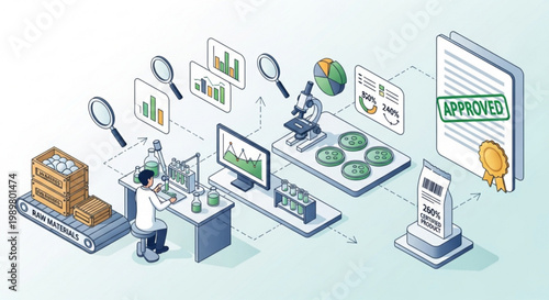 Isometric laboratory research process flow showing scientists analyzing raw materials and quality control for certified commercial product development