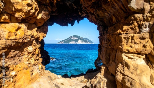 Island seen through a hole in rocks. Turquoise sea and clear sky. Beautiful!