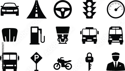 flat design transportation and travel icons set with vehicles road signs and parking symbols