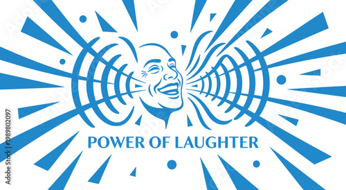 Принти на полотні Blue and white graphic showing the power of laughter through abstract sound waves radiating from a laughing face