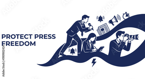 Dynamic blue silhouettes of reporter and photographer and editor working together on fluid wave shape, including bell and newspaper and stopwatch icons, conceptual art for media protection.