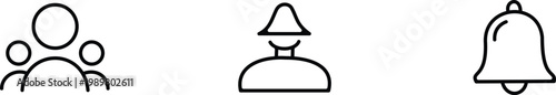 Simple line drawing of three distinct icons people bottle and bell