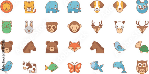 Colorful collection of cartoon animal icons a diverse and playful zoological illustration