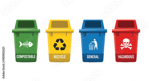 Colorful waste management bins for compostable, recyclable, general, and hazardous materials disposal