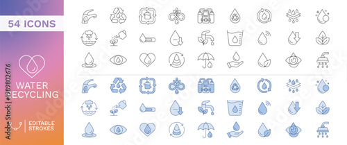 Water Recycling and Sustainability Outline Icons Set featuring Eco Friendly Plumbing, Rainwater Harvesting, Filtration, and Resource Conservation Editable Stroke Vector Collection