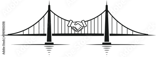 A minimalist vector graphic of a suspension bridge with a handshake icon in the center