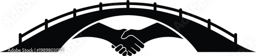 A minimalist vector graphic of two hands shaking under a bridge