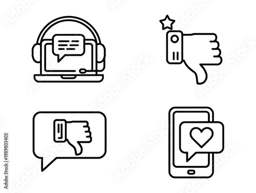 Vector illustration negative feedback and communication icons, headset on laptop thumbs down chat bubble dislike and smartphone heart message, customer review concept