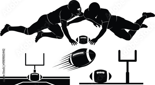 American football players and goalposts, silhouette rugby sports athletes