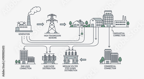 Diagram illustrating the complete electricity generation, high transmission network, and distribution process to residential, commercial, and industrial end-users.