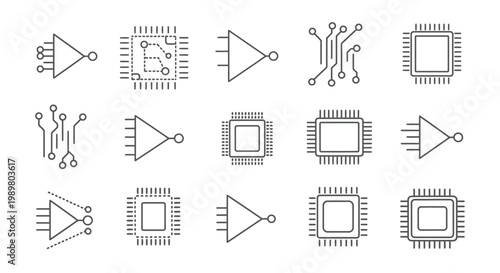 Set of line art icons depicting electronic components such as microchips, integrated circuits, and logic gates, illustrating technology and computing.
