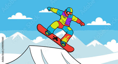 Vibrant cartoon illustration of a snowboarder performing an aerial trick over a snow ramp with mountains in the background.