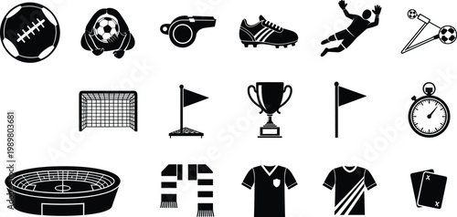 Black and white soccer sports including balls, goals, trophies, and clothing football