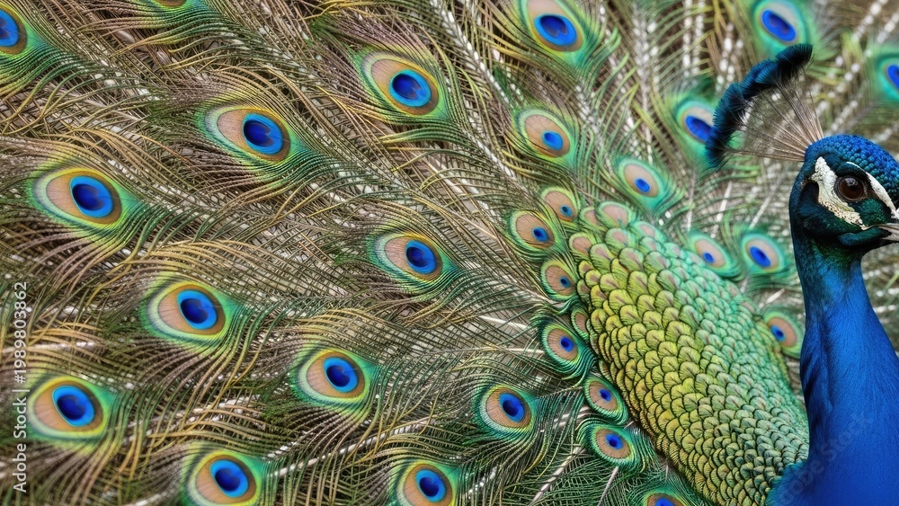 Fototapeta premium A vibrant peacock displaying its colorful feathers and stunning plumage in full display.