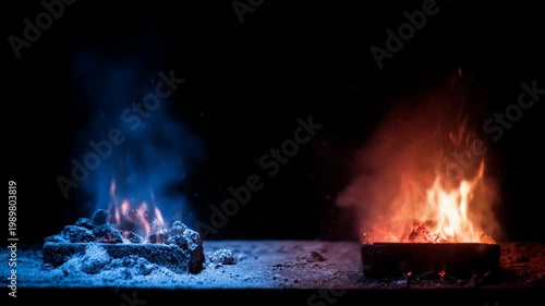 Dual flames burning red and blue against a dark background
