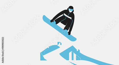 Stylized graphic illustration of a snowboarder performing a jump over a snowy mountain landscape in blue, black, and white.