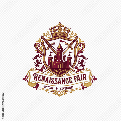 Ornate heraldic logo for a renaissance fair featuring a castle crown and crossed swords