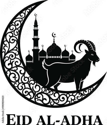 Eid alAdha celebration with ram and mosque silhouette on crescent moon