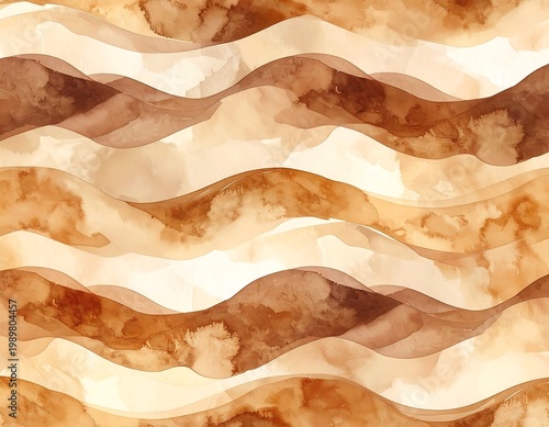 An abstract image features watercolor-like waves in a warm, earthy palette of tans and browns. The design evokes a sense of flow and movement