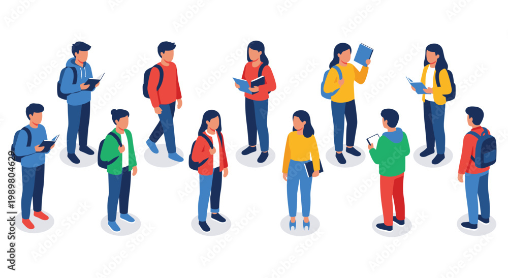 Fototapeta premium Set of students engaged in reading and learning activities. diverse group of young individuals holding books, backpacks, and tablets, representing education and academic pursuits.