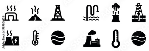 Energy icons with volcano rig cooling tower outline