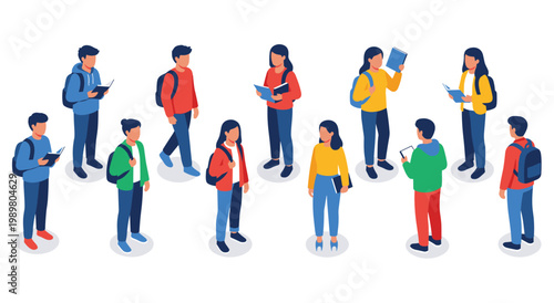 Set of students engaged in reading and learning activities. diverse group of young individuals holding books, backpacks, and tablets, representing education and academic pursuits.